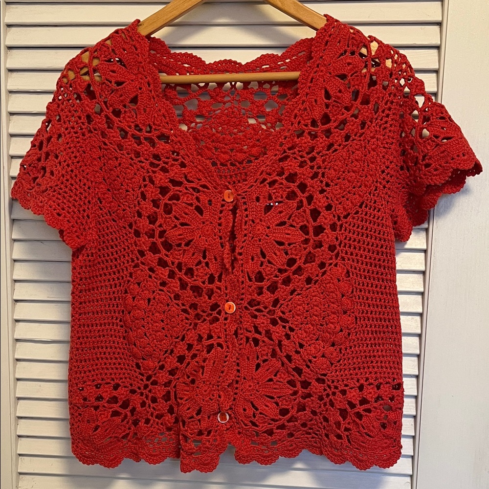 Red Crochet Button-Front Womens Blouse